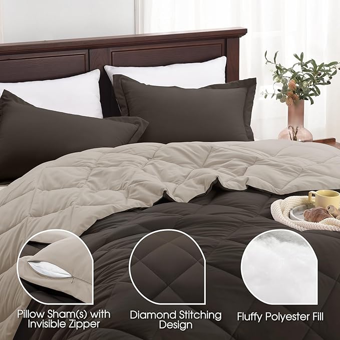 Basic Beyond Full Size Comforter Set - Brown and Ivory Comforter Set Full, Reversible Comforter Full Size Set, 1 Comforter (82"x92") and 2 Pillow Shams (20"x26"+2"), Brown/Ivory