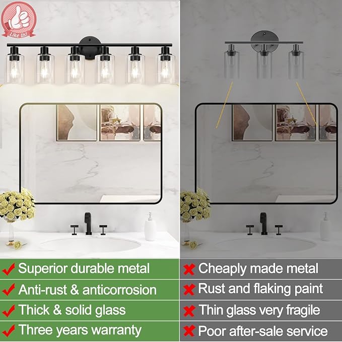 6-Light Bathroom Light Fixtures, Black Modern Vanity Lights with Clear Glass Shade, Bathroom Wall Lamp for Mirror Kitchen Living Room Hallway Cabinet Porch