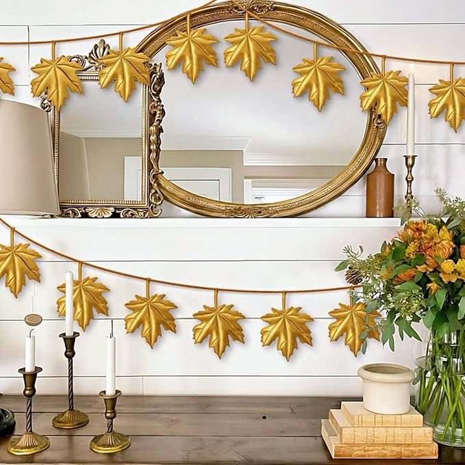 Shimeyao Fall Garland Maple Leaf Garland Decor 6 FT Brass Fall Decorations for Mantle Front Door Artificial Maple Leaf Banner Hanging Decor Cold Autumn Weather Outside Indoor Decorations