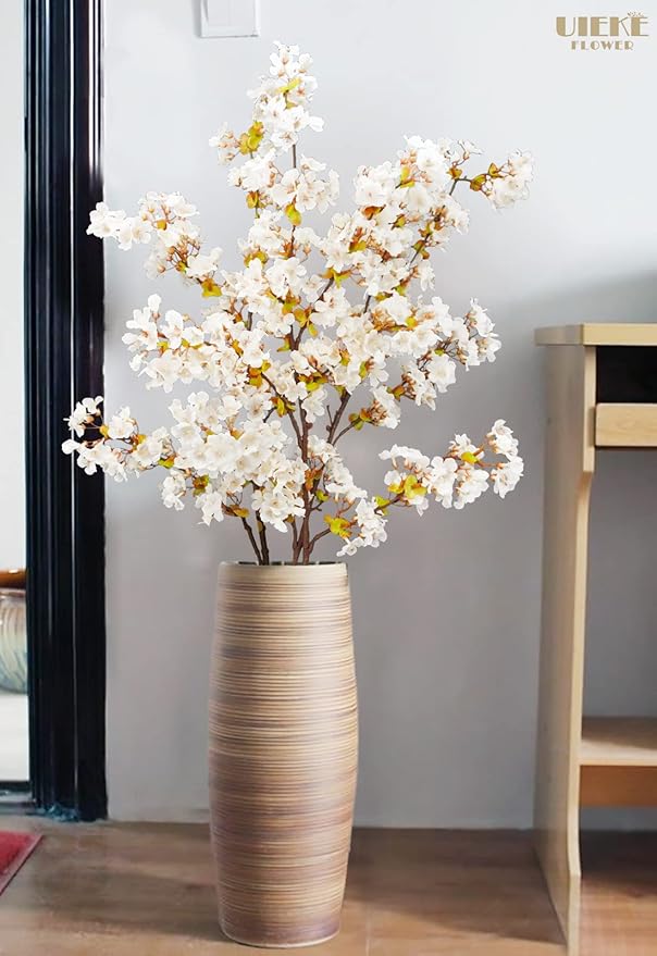 Uieke Silk White Cherry Blossom Branches, 39.3in Artificial Cherry Blossom Stems, Fake Plum Blossom Flowers Arrangement for Wedding Home Decor, Set of 8