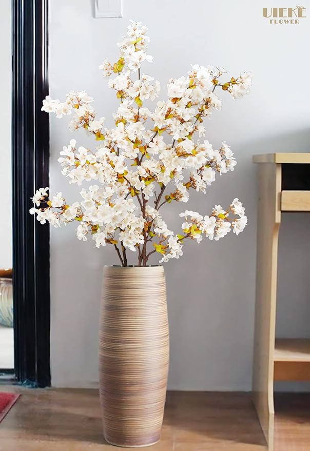 Uieke Silk Cherry Blossom Branches, 39.3in Artificial Cherry Blossom Tree Stems, Fake Plum Blossom Flowers Arrangement for Wedding Home Japanese Decor, Set of 3, White