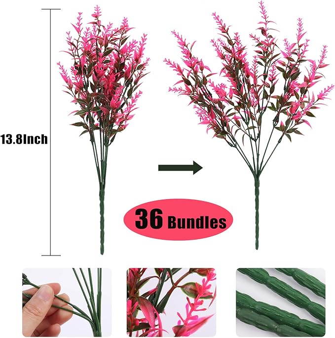 Spring Decoration, Artificial Greenery,Artificial Lavender Flowers Outdoors Fake Shrubs Greenery Plants Indoor UV Resistant Plastic Faux Bouquets for Outdoor Home Garden Porch Decoration(Pink)