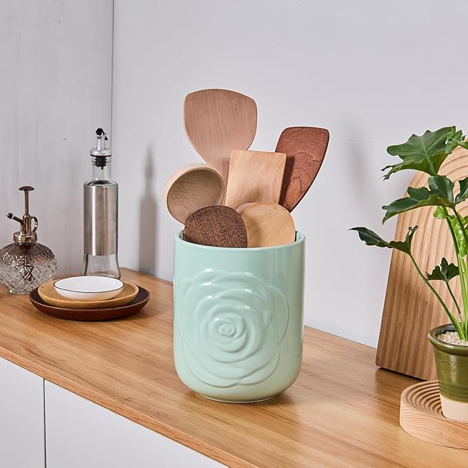 Light Green Ceramic Utensil Holder Set of 2 - Rose Carved Design, Kitchen Countertop Utensil Organizer for Spatula, Spoon & Cooking Tools, Large (7.5") & Small (5.5"), Farmhouse Kitchen Counter Decor