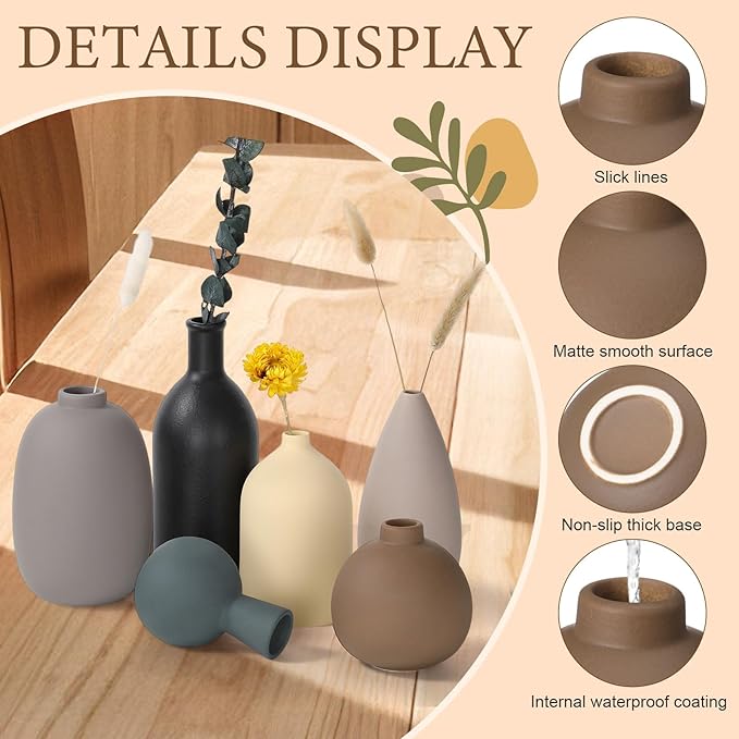 Ceramic Vase Set of 6 Small Modern Pottery Vase for Bouquet Home Decoration Rustic Farmhouse Decoration for Living Room Shelf Bookshelf(Cool Color)