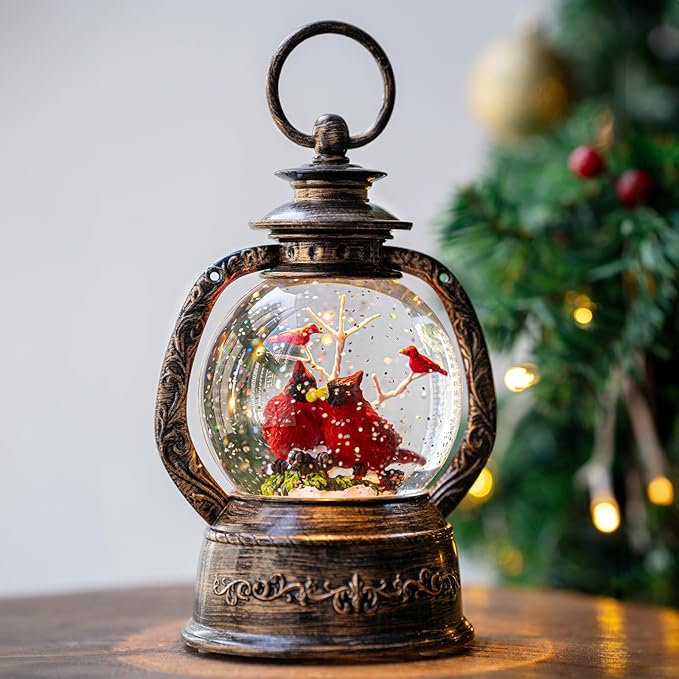 Musical Snow Globe Lantern Lighted 2 Cardinal Christmas Snow Water Lantern Swirling Glittering Home Decoration and Gift, Battery Operated or USB Powered