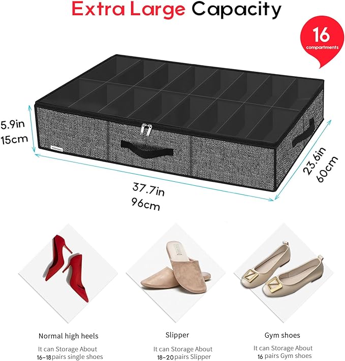 Onlyeasy Sturdy Under Bed Shoe Storage Solution Organizer For Closet Fit 16x2 Pairs, Underbed Shoes Container Bags with Reinforced Handles, Breathable, Linen-like Black, MXAUBS16P2