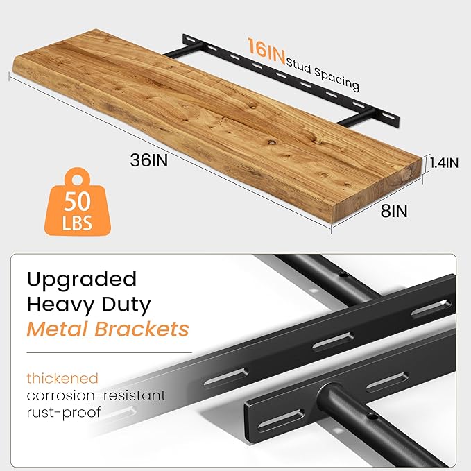 Fun Memories 36 Inch Floating Shelves – Set of 2, Rustic Elm Floating Shelves for Wall, Heavy-Duty Wall Shelf for Books, Wooden Floating Shelf with Invisible Bracket for Kitchen – Natural Finish