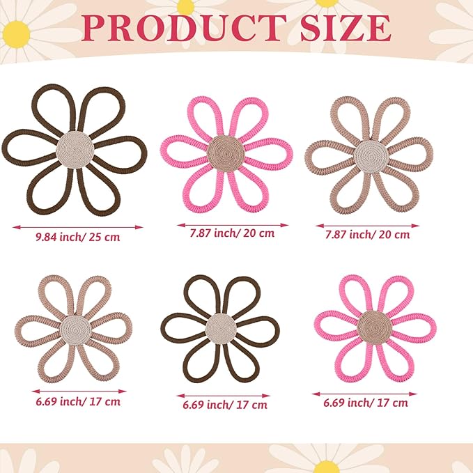Barydat 6 Pcs Boho Nursery Decor Daisy Flower Woven Macrame Wall Hanging 3 Size Daisy Flower Wall Decor Bohemian Nursery Decorations for Home Dorm Art(Classic Color)