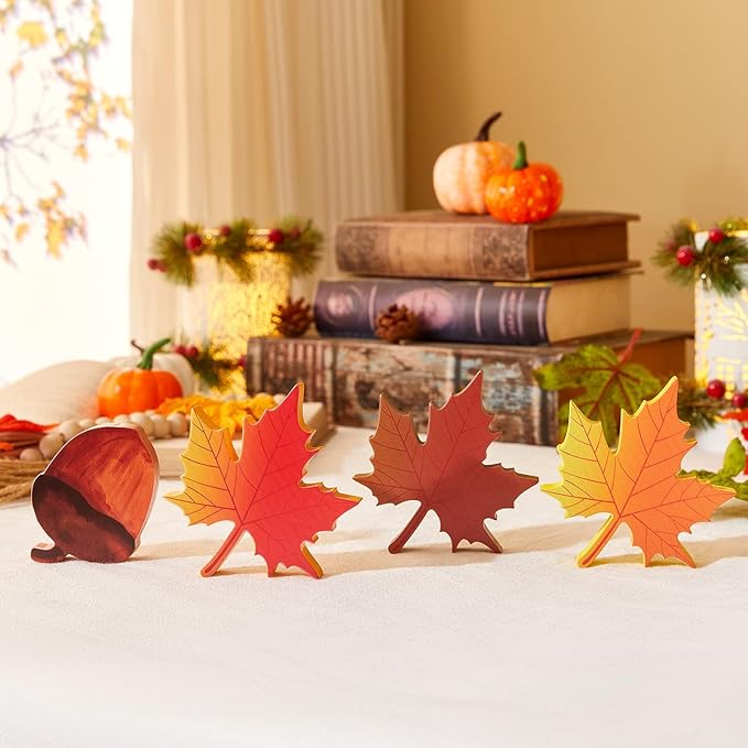 DUQGUHO Fall Leaves Decor, Fall tiered Tray Decorations Set, Wooden Autumn Decor, Wooden Signs Harvest Decoration, Thanksgiving Party Tray Display Shelf, Maple Leaf Pine Cone Set of 4