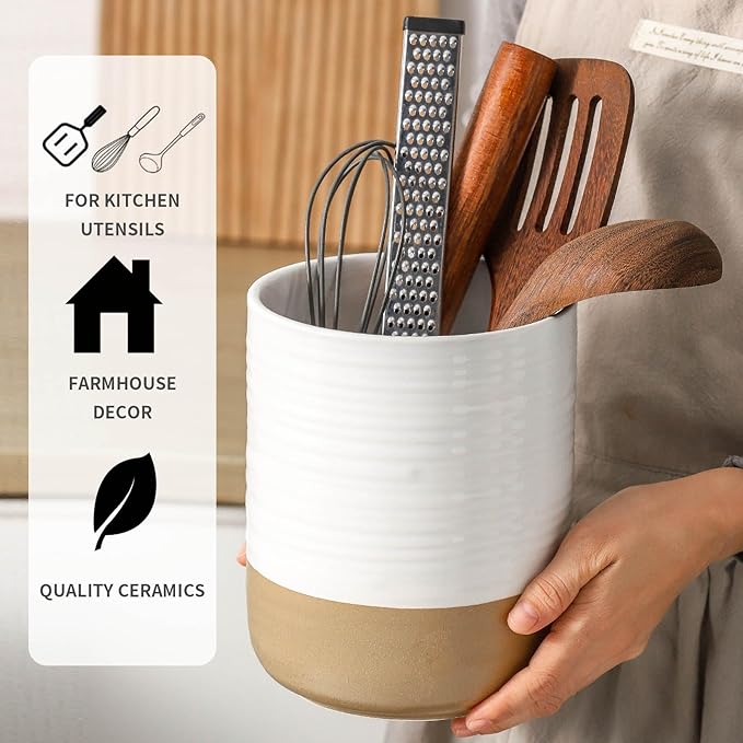 Hasense Large Utensil Holder, 7.4" Cooking Utensil Crock for Kitchen Counter, Ceramic Utensil Organizer Caddy for Kitchen Utensil Set, Vintage Decor for Christmas Gifts, White