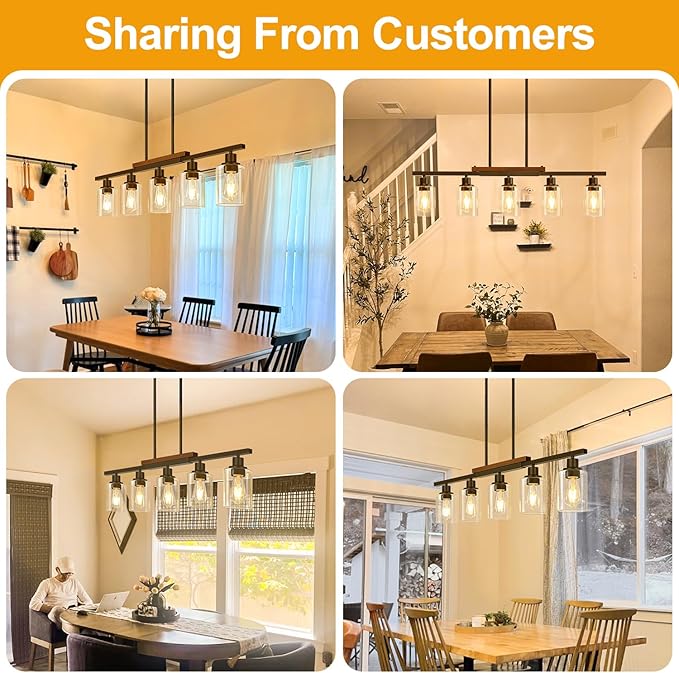 37" Farmhouse Dining Room Light Fixture Over Table, 5-Light Matte Black Wood Kitchen Island Lighting with Clear Glass Shade, Pendant Lights Linear Chandeliers for Dining Room Kitchen Island