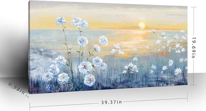 Blue Ocean Sunset Canvas Wall Art for Living Room Abstract Seascape Painting Coastal Beach Wildflowers Picture Natural Sea Landscape Print Sunrise With Yellow Orange Sky Seaside Artwork 20x40inch
