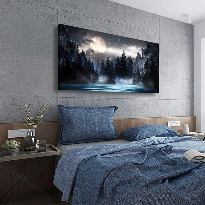 Mountain Moon Pictures Canvas Wall Art for Living room Office Bedroom Wall Decor,Moon Wall Art Print Paintings Modern Forest Nature Blue Lake Artwork Waterproof Ready to Hang-24X48 inch