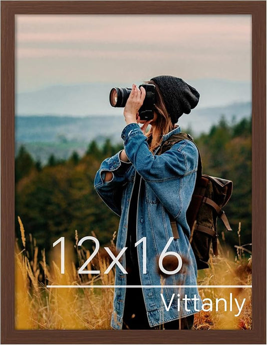 Vittanly 12x16 Picture Frame for Wall, Plexiglass, Displays Poster 11x14 with Mat or 12x16 without Mat, PVC Frame Material, Horizontal or Vertical Hanging, 1 Pack, Brown