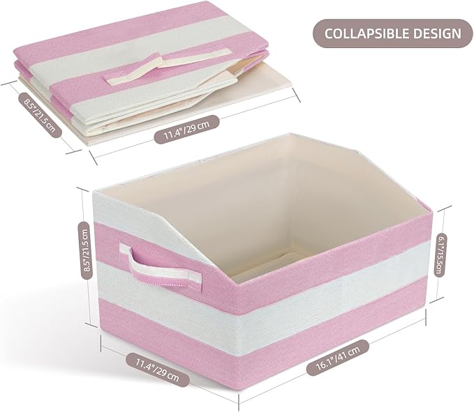 Linen Closet Organizers and Storage, Trapezoid Fabric Bins, Home Office Organization Baskets Striped Collapsible Box with Handles for Clothes, Blanket, Books, DVD, 4 Pack, Pink/White