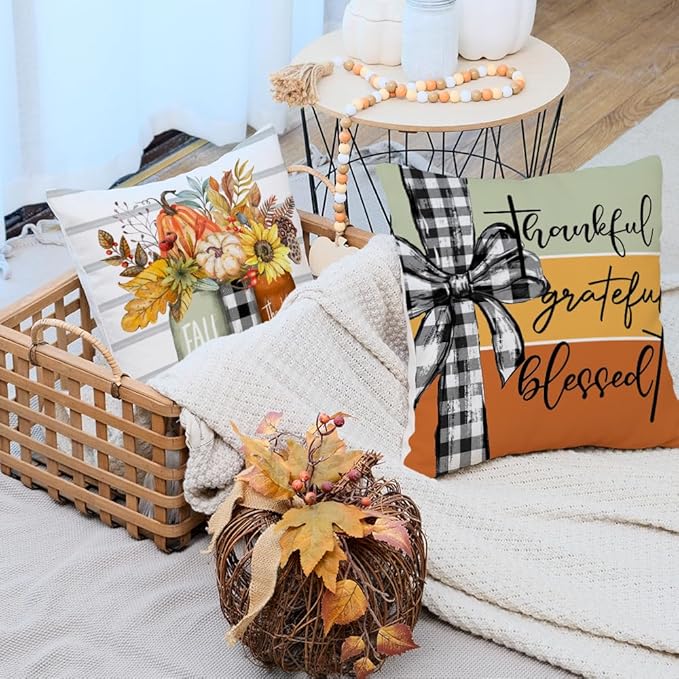 AACORS Fall Pillow Covers 16 x 16 Inch Set of 4, Pumpkin Home Sweet Home Thankful Grateful Blessed Harvest Floral Decorations Autumn Seasonal Pillow Case Decor for Sofa Couch AA556-16