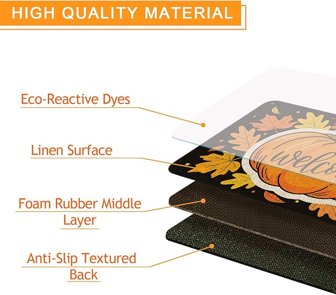 Fall Welcome Doormat 30x17 Inch Fall Pumpkin Front Door Mat Indoor Outdoor Entrance Floor Mats Non-Slip Washable Seasonal Autumn Thanksgiving Home Decor Rugs