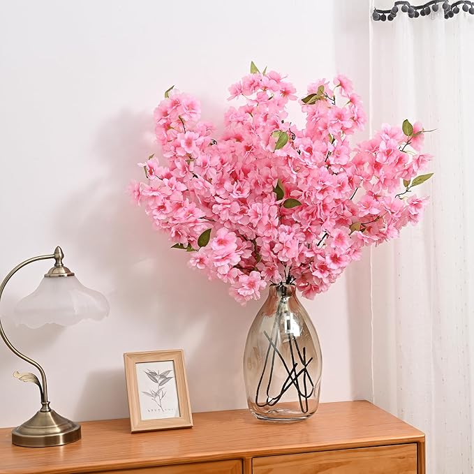 Sunm Boutique Pink Faux Cherry Blossom Branches, Artificial Cherry Blossom Stems Cherry Blossom Flowers Vase Arrangements for Wedding Home Party Kitchen Decor, Set of 3