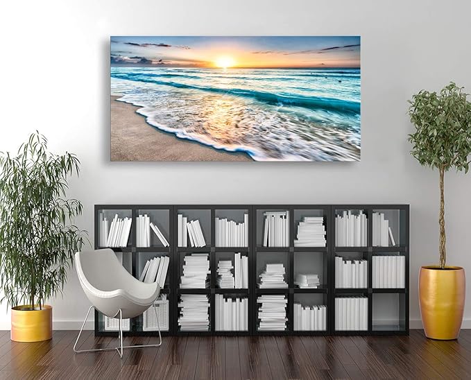 Baisuart S02275 Canvas Prints Wall Art Beach Sunset Ocean Waves Nature Pictures Stretched Pictures to Photo Paintings on Canvas for Home Office Decorations Wall Décor XXLarge 30x60inch