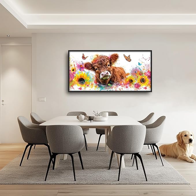 Flintis Large Highland Cow Wall Art Cow Sunflower Pictures Wall Decor Abstract Animal Canvas Painting Print Artworks Decorations Framed for Living Room Bathroom Master Bedroom Office 60L x 30W