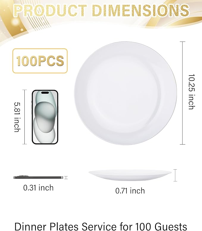 Nervure 100Pcs White Plastic Plates - 10.25inch Disposable White Dinner Plates - Heavy Duty Plastic Plate Ideal for Wedding & Party