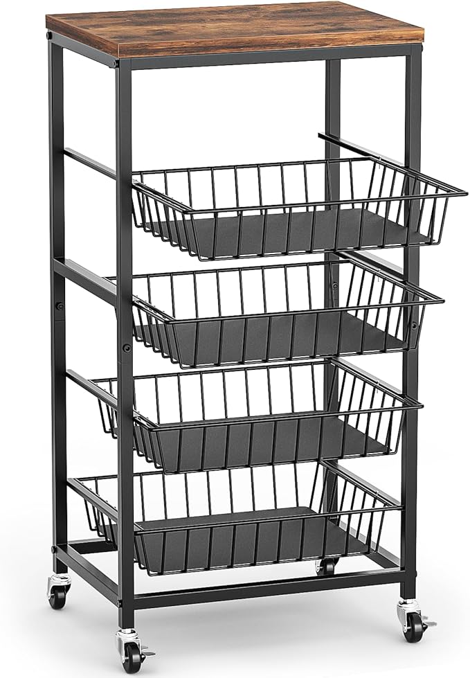 Fruit Vegetable Cart, 5-Tier Snack & Kitchen Cart on Wheels with Storage, Pull-Out Baskets & Wood Top, Rolling Organizer for Pantry, Living Room (Brown)