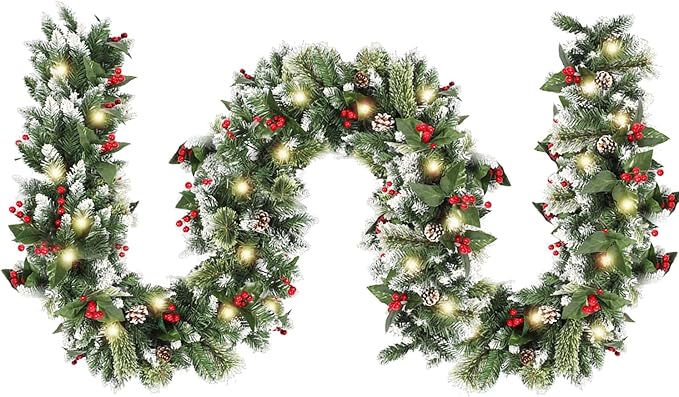 9ft Christmas Garland with Lights,Lighted Artificial Flowering Pine Garland for Mantle,Prelit Faux Green Christmas Winter Garland with Pine Cones and Red Berry for Indoor Outdoor Decor