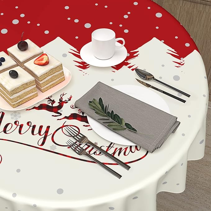 Kawani Merry Christmas Round Tablecloth in Red and Beige 60 inch Festivals Decor with Santa Claus and Elks Pattern Decorative Table Cloth for Winter Holiday Party Indoor and Outdoor Decorations