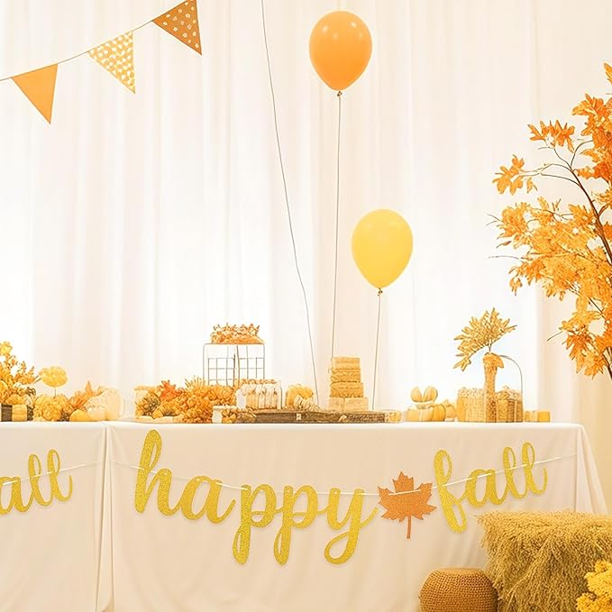 Totelux Happy Fall Banner Decoration Glitter Maple Leaf Sign Gold Orange Autumn Hanging Banner for Wall Home Office Decor Thanksgiving Party Supplies