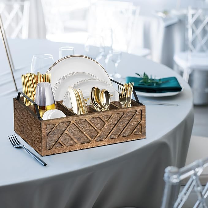 Flatware Organizers Paper Plate Dispenser with Handles, Paper Plate Holder for Kitchen Counter, Wood Rustic Silverware Utensil Caddy, Brown