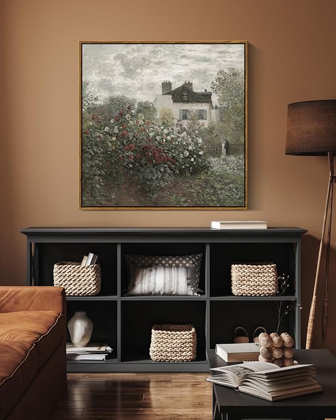 InSimSea Square Framed Canvas Wall Art, Large Decor Monet Flower Garden Paintings, Garden Scenery Wall Pictures for Bedroom Bathroom Living Room, Canvas Prints Vintage Farmhouse Decor 24"x24"