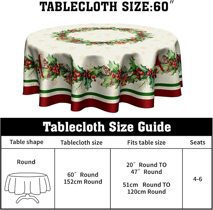 Christmas Holly Tablecloth Round 60 Inch Winter Red Birds Watercolor Leaves Decorative Table Cloth Christmas Holiday Round Table Cover Seasonal for Home Kitchen Dining Party Indoor Outdoor Decor