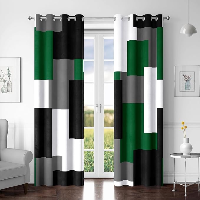 Green Blackout Curtains for Bedroom 84 inch Length 2 Panels Set Black Grey White Modern Abstract Geometric Black Out Curtains Insulated Room Darkening Window Drapes for Living Room, 52Wx84L