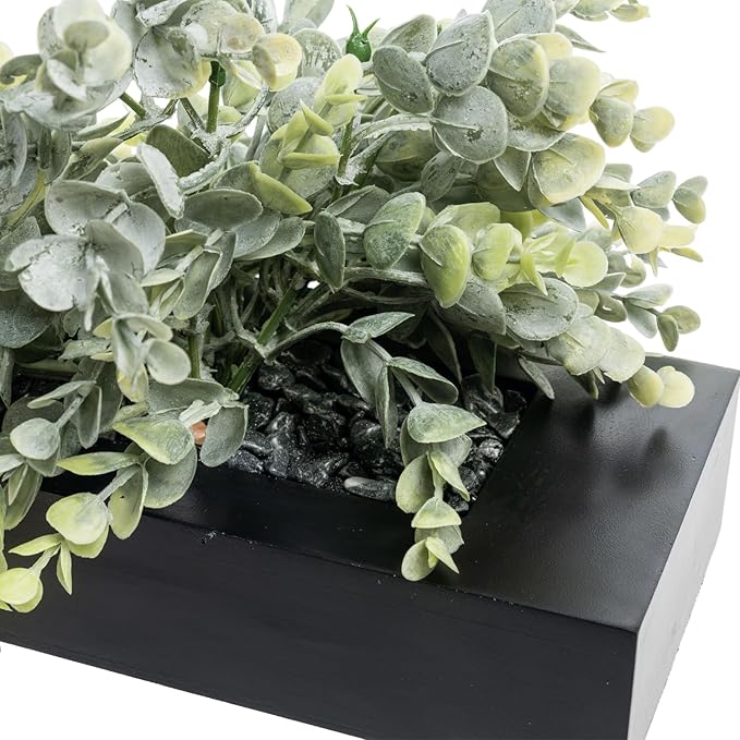 MyGift Artificial Eucalyptus Plant in Black Wood Decorative Planter Pot, Realistic Faux Indoor Greenery in Container for Tabletop Centerpiece Décor