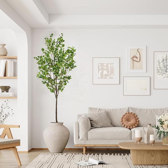 Faux Ficus Tree 7.5ft(90in) Artificial Floor Plant for Indoor Decor Realistic Potted Tree with Texture Silk Leaves and Natural Wood Trunk for Home Living Room,Office Perfect Housewarming Gift