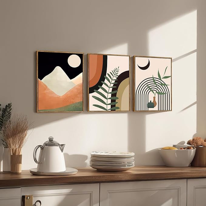 WRFON Boho Wall Art Set of 3 - Mid Century Modern Neutral Abstract Geometric Botanical Prints, Black and Beige Framed Canvas Wall Art for Living Room Decor, Ready to Hang, 12x16 inch