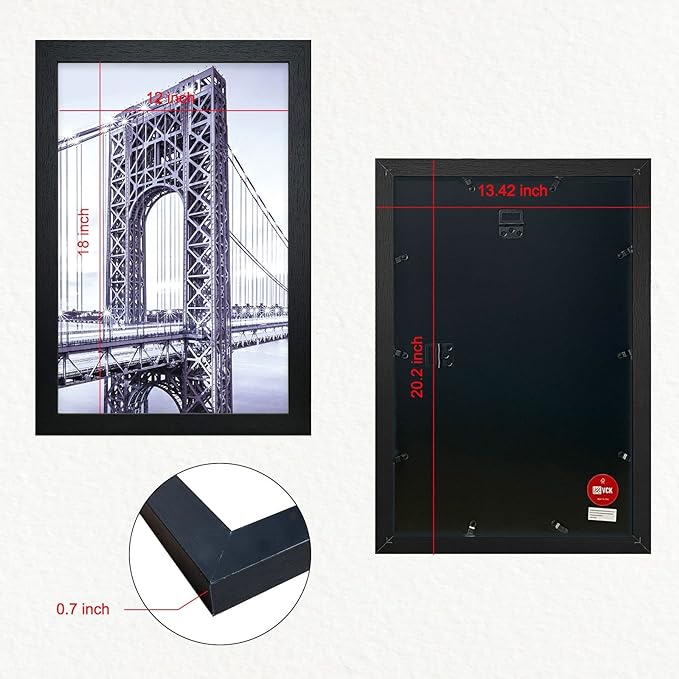 VCK 12x18 Inch Solid Wood Poster Frames with Wall Mounting Hanging Picture Frame Set of 3 Black