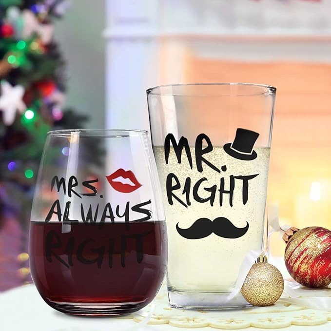 Mr. Right and Mrs. Always Right Stemless Wine Glass and Beer Glass, Funny Couple Set for Her Him Newlywed Couples - Ideal for Wedding Anniversary Valentines Birthday Christmas, 12Oz