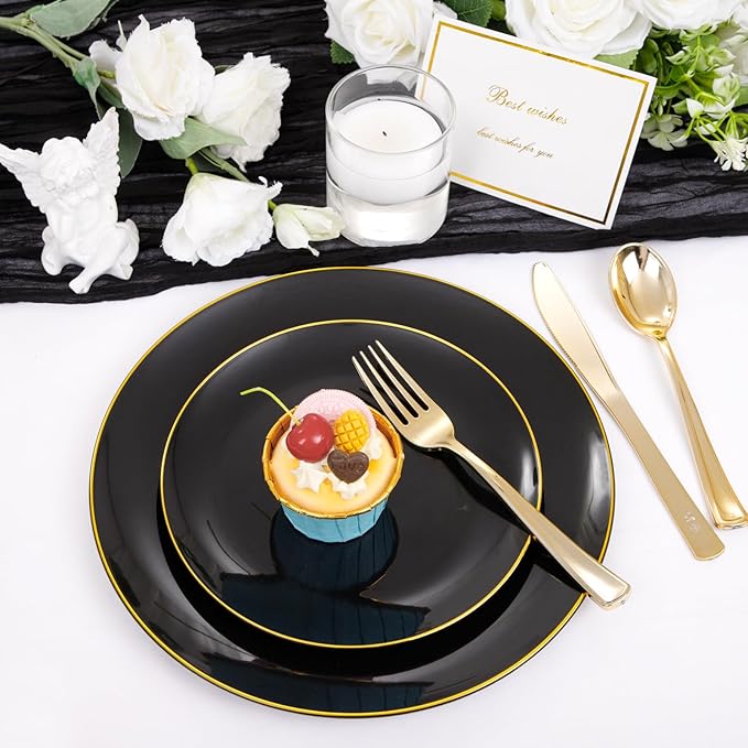 YOUBET 125PCS Black and Gold Plastic Plates - Black Disposable Plates With Gold Rim - Includes 25 Dinner Plates, 25 Dessert Plates, 75 Gold Cutlery for Wedding & Birthday Party Halloween
