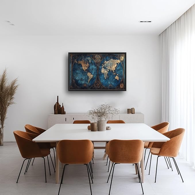 World Map Framed Wall Art for Living Room, Large Map of The World Canvas Wall Decor, Vintage Maps Pictures Painting, Modern Artwork for Office Bathroom Bedroom 36L'' × 24W''