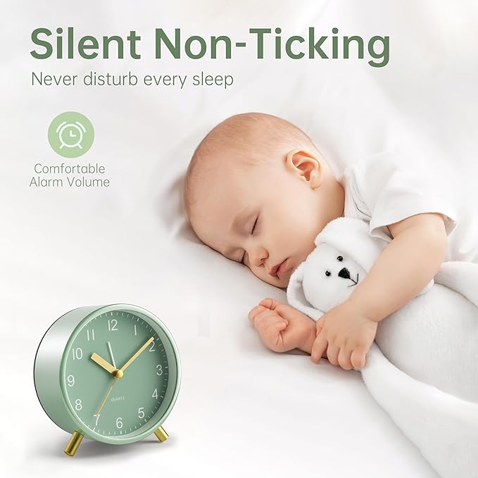 Analog Alarm Clock, 4 inch Super Silent Non Ticking Small Clock with Night Light, Battery Operated, Simple Design, easy setting for Office, Bedroom, Bedside, Desk, teens, elders, kids, adult, Green