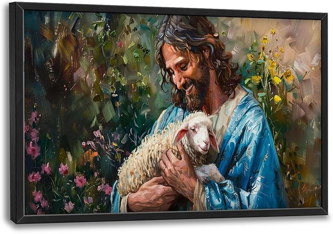 Flintis Large Jesus and Lamb Wall Art Christian Jesus Portrait Pictures Wall Decor Religion Canvas Painting Print Artwork Decoration Framed for Living Room Bathroom Master Bedroom Office 36L x 24W