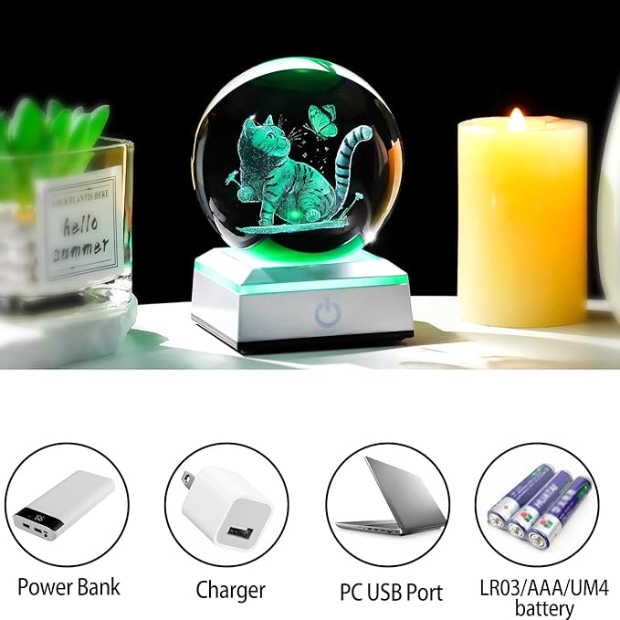3D Cat Themed Gifts for Women, Mom - 3.15in Crystal Ball Engraved Cat Butterflies with LED Light Base - Mother's Day Birthday Cat Night Light Figurine for Home Decor