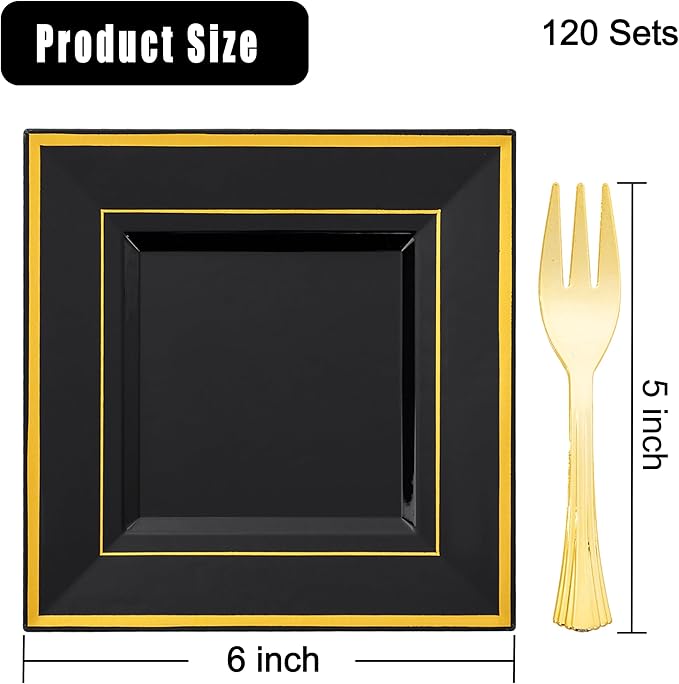 WDF 200PCS Black and Gold Plastic Dessert Plates with Plastic Forks -6’’ 100 Square Disposable Appetizer Plates Small Plate Cake Plate with Gold Rim for Halloween