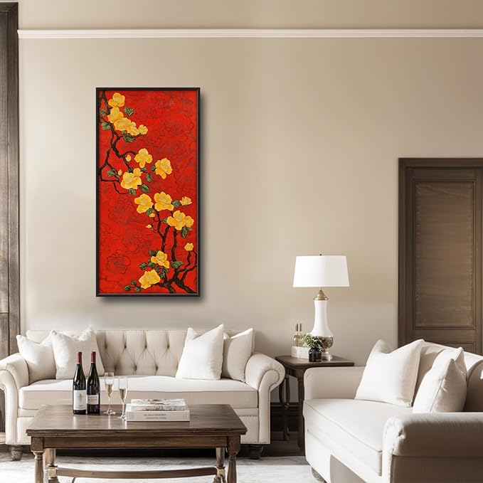 Lovira Yellow Plum Bossom Large Wall Art Traditional Asian Floral Red Canvas Wall Decor Pictures Prints Painting Framed Home Vertical Artwork for Living Room Bedroom Bathroom Kitchen 30"x60"