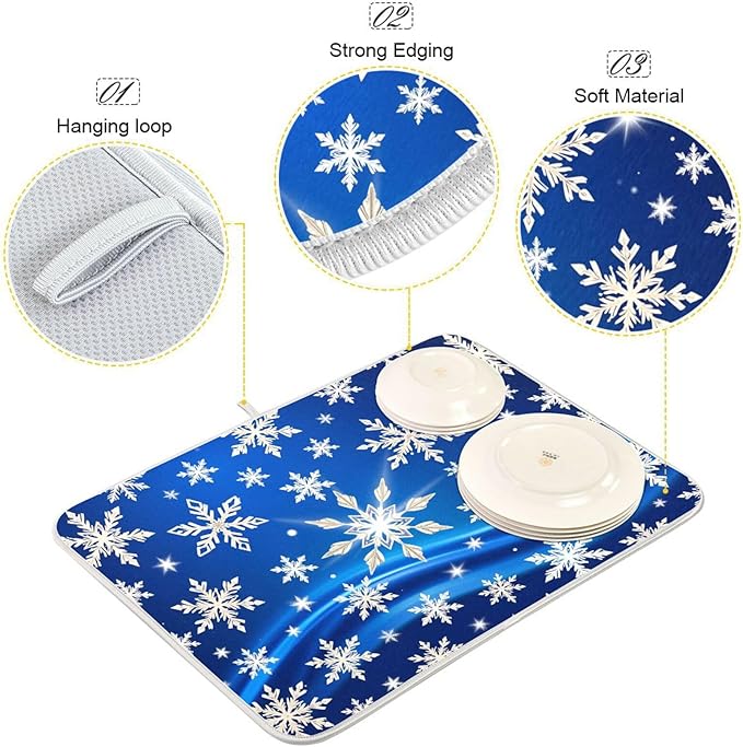 Christmas Blue Snowflakes Dish Drying Mat for Kitchen Counter 18 x 24 Snow Flakes Microfiber Dry Dishes Mats Drainer Mat Dish Drying Pad for Countertops