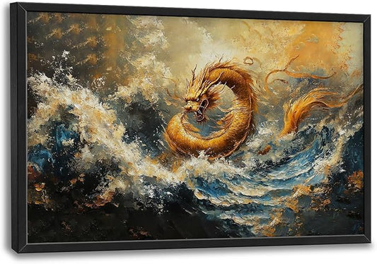 Flintis Large Golden Dragon Framed Wall Art Japanese Waves Pictures Wall Decor Abstract Asian Wild Animal Canvas Painting Print Artworks Framed for Living Room Bathroom Master Bedroom 36L X 24W