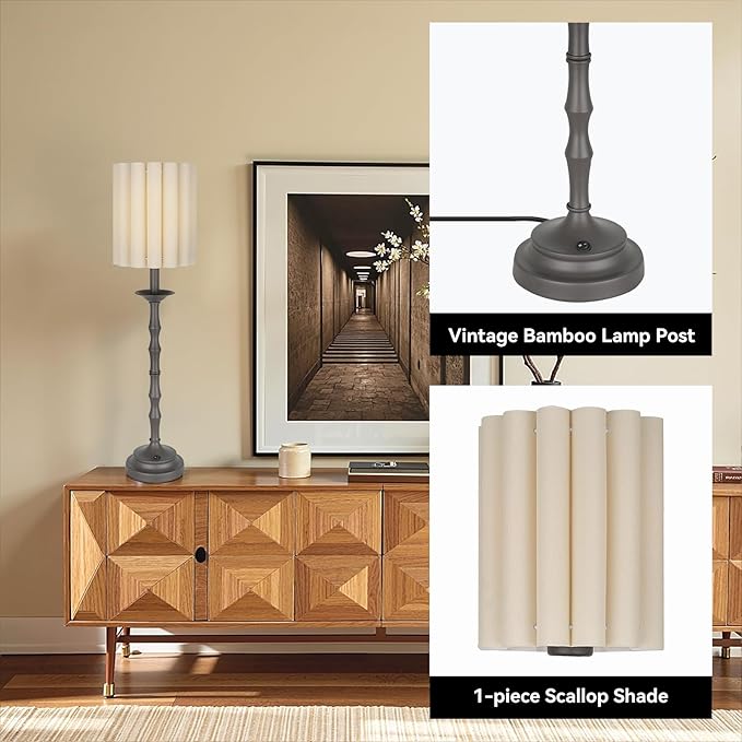 Vintage Brown 28.9’’ Scalloped Table Lamp, Rustic/Farmhouse Buffet Lamp, Scallop Lampshade and Bamboo Lamp Post, for Living Room Bedside Side Table