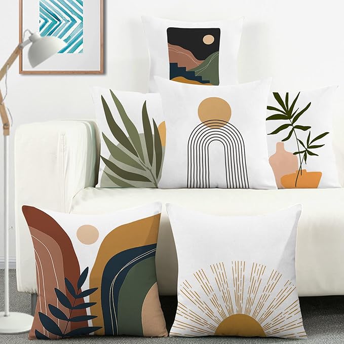 COMMINY Abstract Boho Pillow Covers 16x16 Set of 6 Decorative Sunset Leaves Throw Pillow Cover for Couch Minimalist Modern Pillow Case for Living Room Sofa Home Decor