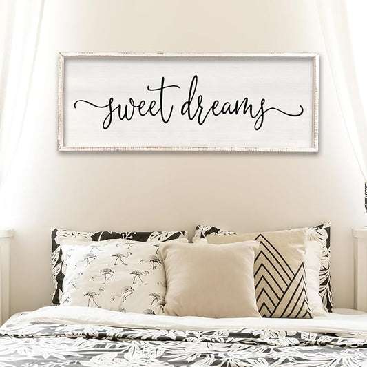 Surfapans Sweet Dreams Wall Decor Above Bed 40"x15" ofr Master Bedroom Guest Room Wood Rustic Framed Wall Art Sign (White)